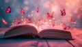 Open book with magic light and glowing butterflies flying out of it on wooden table against light pink bokeh background Royalty Free Stock Photo