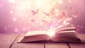Open book with magic light and glowing butterflies flying out of it on wooden table against light pink bokeh background Royalty Free Stock Photo