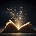 Open book with magic light out of it on dark background. ai generative Royalty Free Stock Photo