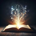 Open book with magic light out of it on dark background. ai generative Royalty Free Stock Photo