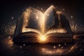 Open book with magic light on the pages. Fantasy and fairy tale concept Royalty Free Stock Photo