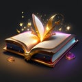 Open book with magic light and stars. 3d rendering illustration. Generative AI Royalty Free Stock Photo