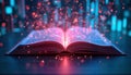Open book with magic sparkles. Unstructured data transformation with AI tech. AI processes data from documents. Information tech
