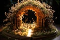 Open book with a magical floral arch and illuminated house scene.