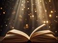 Open Book with Magical Glowing Lights. An open book under beams of light, creating a magical and mystical atmosphere, as if the