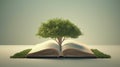 Open book with magical green tree and nature background. Generative AI Royalty Free Stock Photo