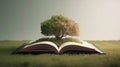 Open book with magical green tree and nature background. Generative AI Royalty Free Stock Photo