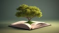 Open book with magical green tree and nature background. Generative AI Royalty Free Stock Photo