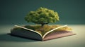 Open book with magical green tree and nature background. Generative AI Royalty Free Stock Photo