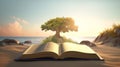 Open book with magical green tree and nature background. Generative AI Royalty Free Stock Photo