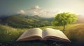 Open book with magical green tree and nature background. Generative AI Royalty Free Stock Photo