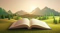 Open book with magical green tree and nature background. Generative AI Royalty Free Stock Photo