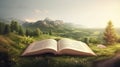 Open book with magical green tree and nature background. Generative AI Royalty Free Stock Photo