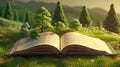 Open book with magical green tree and nature background. Generative AI Royalty Free Stock Photo