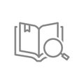 Open book with magnifying glass line icon. Information search, online instruction symbol Royalty Free Stock Photo