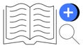 Open Book with Magnifying Glass and Plus Symbol Knowledge and Research Royalty Free Stock Photo