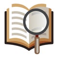 Open book with magnifying glass, representing research, education, and discovery Royalty Free Stock Photo