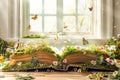 An open book with moss and flowers growing on it, butterflies flying around, in the background is a white window with sunlight Royalty Free Stock Photo