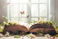 An open book with moss and flowers growing on it, butterflies flying around Royalty Free Stock Photo