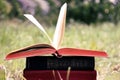 Open book on nature background. Knowledges is power Royalty Free Stock Photo