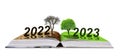 Open book with number 2022 and 2023 isolated on a white background. Concept of Happy New Year.