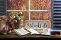 Thankful Sign, Book and Coffee Old Wood Tabletop