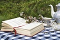 Open book and old tea set on the table Royalty Free Stock Photo