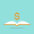 Open book with orange dollar sign flying out isolated on blue background Royalty Free Stock Photo