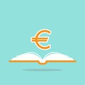 Open book with orange euro sign flying out isolated on blue background. Royalty Free Stock Photo