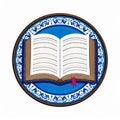 Open Book in Ornate Blue Circle Border on White Background Vector Illustration Royalty Free Stock Photo