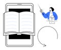 Digital Learning Concept Featuring Open Book on Smartphone Screen and Educator with Teaching Tools Royalty Free Stock Photo