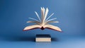 Open Book Pages Floating Above Stack, Knowledge, Imagination, Blue Background