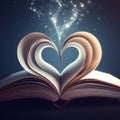 An open book with pages folding inward to form a heart shape. A representation of the love for reading. ai generative Royalty Free Stock Photo