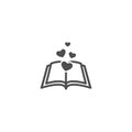Open book with pages and hearts flying out. Isolated on white background. bibliophile flat icon. Royalty Free Stock Photo