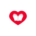 Open book with pages in red hearts. Isolated on white background. bibliophile flat icon