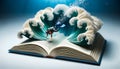 Open book with pages transforming into waves. A miniature diver equipped with gear dives deep into the textual ocean chasing the