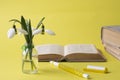 Open book, pen and a bouquet of snowdrops on a yellow background Royalty Free Stock Photo