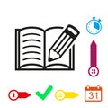 Open book and pencil icon stock vector illustration flat design