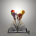 Open book with pencil lightbulb 3d Royalty Free Stock Photo