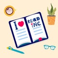 Open book with phrase I Love reading. Workspace with cup of coffee, plant, pen, notebook and glasses. Vector flat Royalty Free Stock Photo