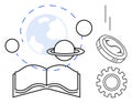 Open book with planetary elements, coins, and gear representing global education and technological growth Royalty Free Stock Photo