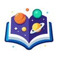Open Book Vector Illustration with Planets and Stars, Universe Education Concept Royalty Free Stock Photo