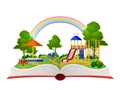 Open book playground. Fantasy garden, learning amusement park green forest library, child books daydream landscape flat