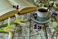 Open book of poetry, old cup of tea and flowers on table Royalty Free Stock Photo