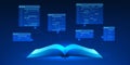 Open book projecting holographic digital code screen, symbolizing modern education technology, online learning, and the Royalty Free Stock Photo