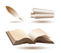 Open book, quill and scrolls Royalty Free Stock Photo