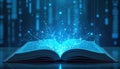 Open book radiates glowing digital energy and light streams. It symbolizes modern learning, knowledge expansion, and tech Royalty Free Stock Photo
