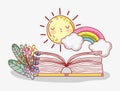 Open book rainbow clouds sun flowers foliage