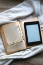 Open Book, Reading Glasses and E-Reader Royalty Free Stock Photo
