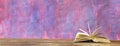 An open book. Reading, learning, education, literature concept, panoramic format, grungy background,copy space Royalty Free Stock Photo